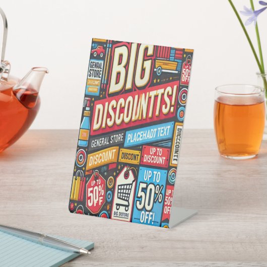 Levendig algemeen winkelkortingsodeteken reclamebord met voetstuk (Insitu)