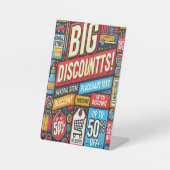 Levendig algemeen winkelkortingsodeteken reclamebord met voetstuk (Voorkant)