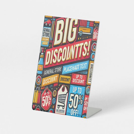 Levendig algemeen winkelkortingsodeteken reclamebord met voetstuk (Voorkant)