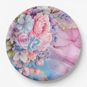 Levendig Aqua & Roze Waterverf Bloemen Boeket Papieren Bordje