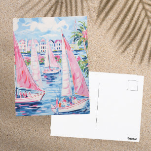 Levendig Aquarel Roze Zeilboten Tropische Kust Briefkaart