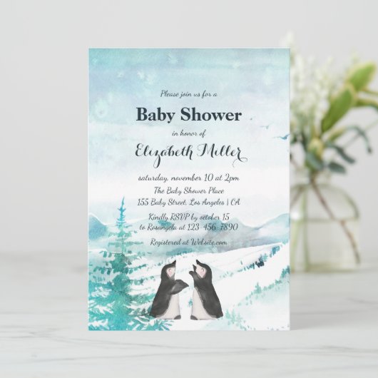 Levendig Baby shower van pinguïn-sneeuwlandschap Kaart (Staand voorkant)