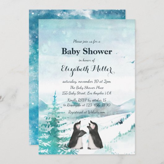 Levendig Baby shower van pinguïn-sneeuwlandschap Kaart (Voorkant / Achterkant)