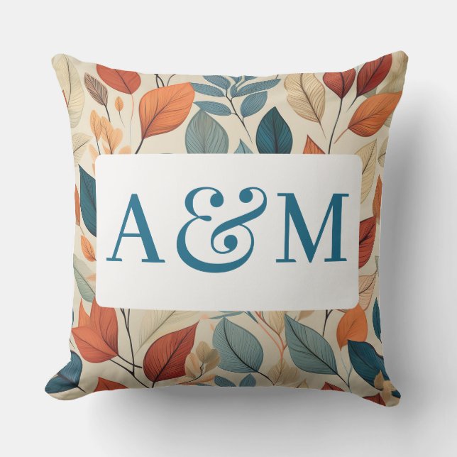 Levendig bladpatroon met Dual Monogram Buitenkussen (Voorkant)
