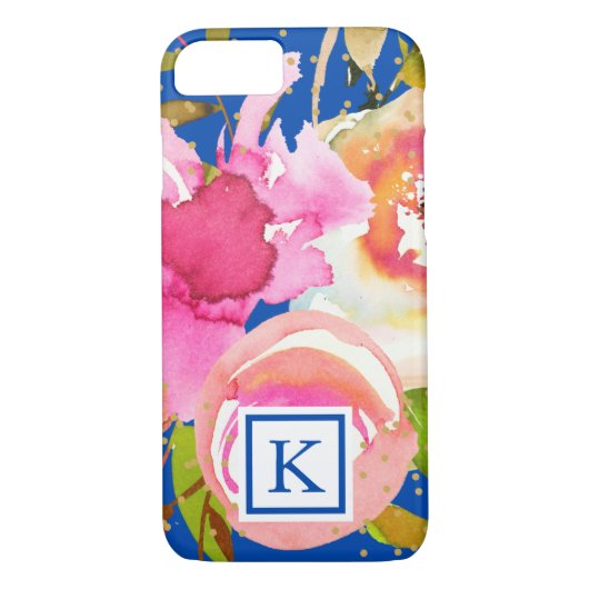 Levendig Blauw Bloemen en Confetti Monogram Case-Mate iPhone Case (Achterkant)