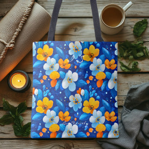 Levendig Blauw Bloempatroon – Kleurrijk Botanisch Tote Bag