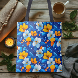 Levendig Blauw Bloempatroon – Kleurrijk Botanisch Tote Bag