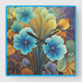 Levendig blauw en Oranje bloemontwerp Vierkante Klok (Voorkant)