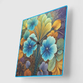 Levendig blauw en Oranje bloemontwerp Vierkante Klok (Hoek)