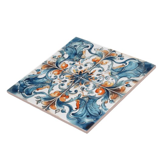 Levendig blauw en Oranje Tegel patroon Tegeltje (Zijkant)