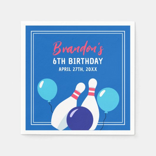 Levendig blauw en rood bowlen 6e verjaardag servet (Voorkant)