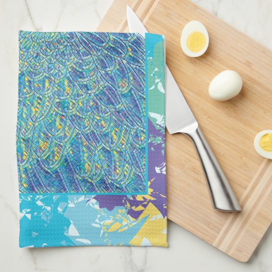 Levendig Blauw Geel Macaw Bloemen Illustratie Theedoek (Quarter Fold)