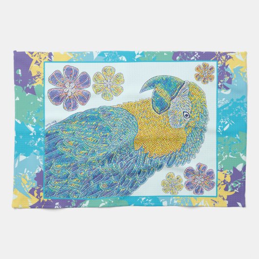 Levendig Blauw Geel Macaw Bloemen Illustratie Theedoek (Horizontaal)