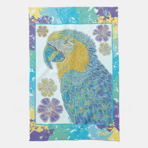 Levendig Blauw Geel Macaw Bloemen Illustratie Theedoek