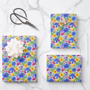 Levendig Blauw Geel Rood Paarse Bloemen Patroon Inpakpapier Vel