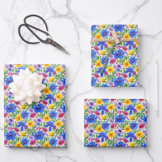 Levendig Blauw Geel Rood Paarse Bloemen Patroon Inpakpapier Vel (Voorkant)