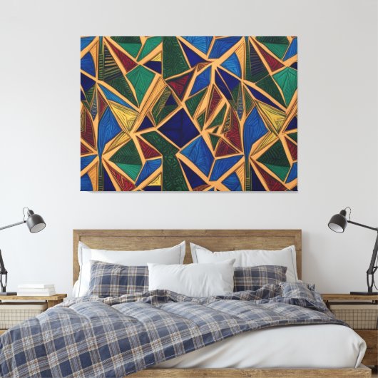 Levendig blauw, groen en rood geometrisch patroon canvas afdruk (Insitu (Slaapkamer))