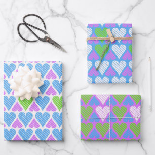 Levendig Blauw Groen Paars Hartjes Patroon Inpakpapier Vel