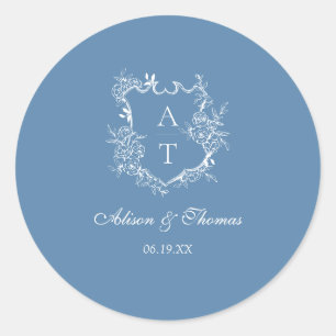 Levendig Blauw Monogram Wapenschild Trouw Envelope Ronde Sticker