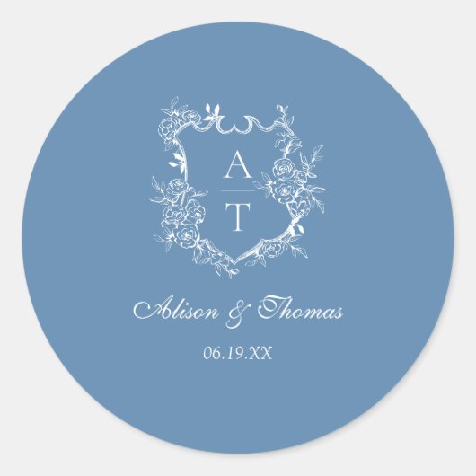 Levendig Blauw Monogram Wapenschild Trouw Envelope Ronde Sticker (Voorkant)