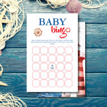 Levendig Blauw Rood Nautisch Baby shower Bingo Kaa