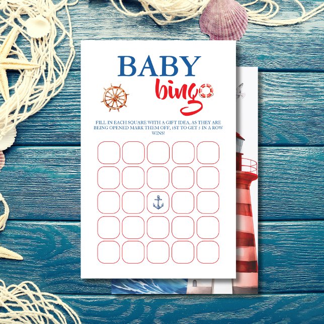 Levendig Blauw Rood Nautisch Baby shower Bingo Kaa (Creator heeft geüpload)