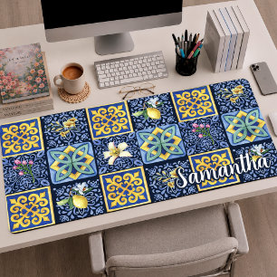 Levendig Blauw Teal Siciliaans Citrus Tegelpatroon Bureaumat