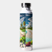 Levendig blauw tropisch strand waterfles (Links)