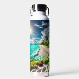 Levendig blauw tropisch strand waterfles