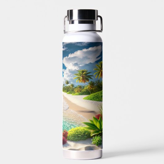 Levendig blauw tropisch strand waterfles (Achterkant)