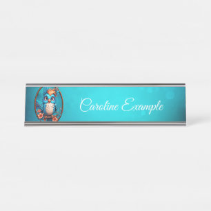 Levendig blauw vogeltje in cartoon stijl bureau naambordje