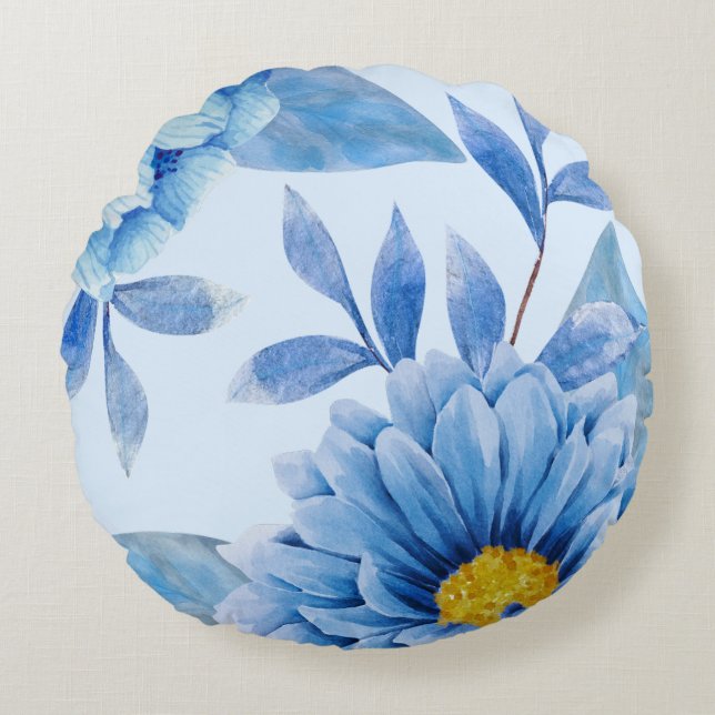 Levendig Blauw Waterverf Bloemen Ronde Kussen (Voorkant)