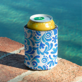 Levendig Blauw-Wit Waterverf Botanisch Blikjeskoeler