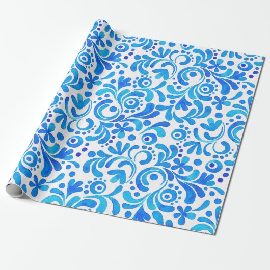 Levendig Blauw-Wit Waterverf Botanisch Cadeaupapier (Uitgerold)