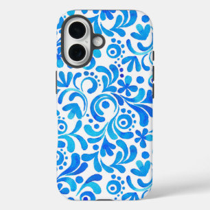 Levendig Blauw-Wit Waterverf Botanisch iPhone 16 Hoesje