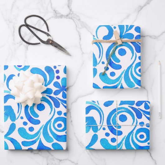 Levendig Blauw-Wit Waterverf Botanisch Inpakpapier Vel (Voorkant)