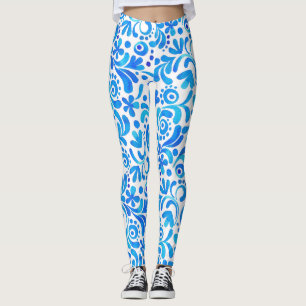 Levendig Blauw-Wit Waterverf Botanisch Leggings