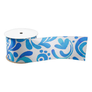 Levendig Blauw-Wit Waterverf Botanisch Satijnen Lint