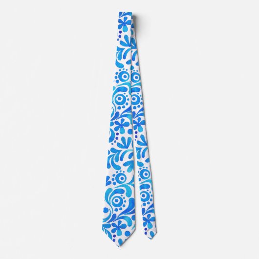 Levendig Blauw-Wit Waterverf Botanisch Stropdas (Voorkant)