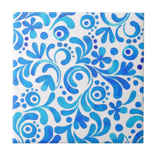 Levendig Blauw-Wit Waterverf Botanisch Tegeltje (Voorkant)