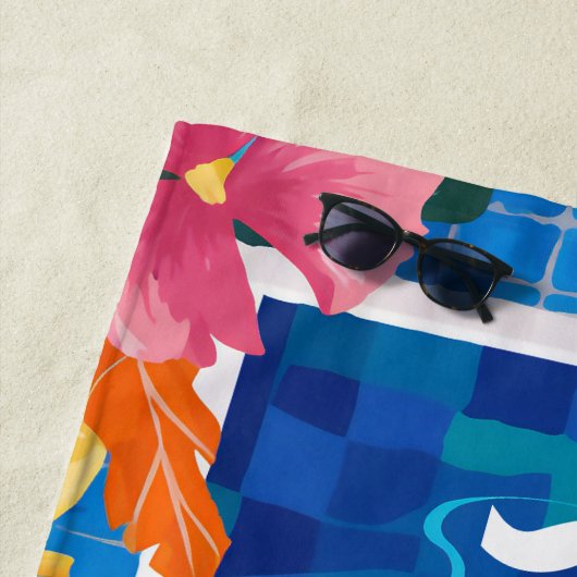 Levendig blauw zwembad & bloemen  strandlaken (In situ)