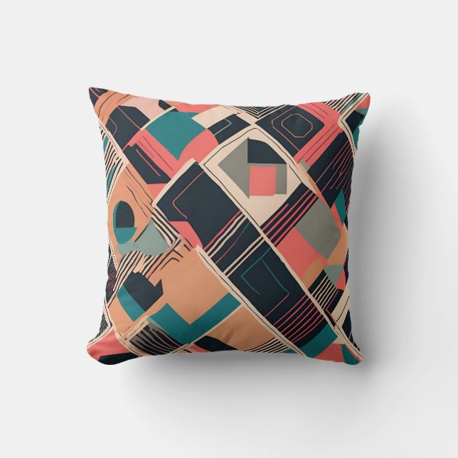 Levendig blauwgroen en mosterd geometrisch patroon kussen (Voorkant)