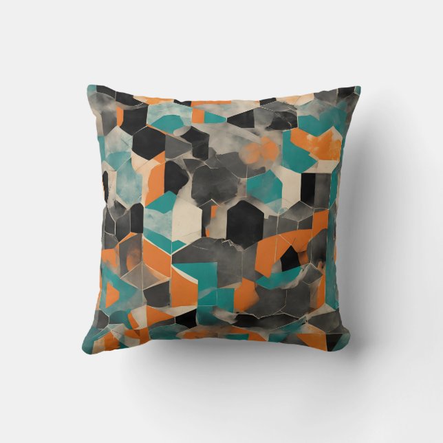 Levendig blauwgroen en mosterd geometrisch patroon kussen (Achterkant)