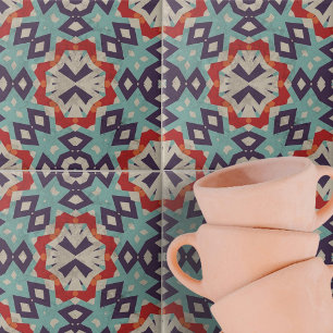 Levendig Blauwgroen rood beige geometrisch patroon Tegeltje