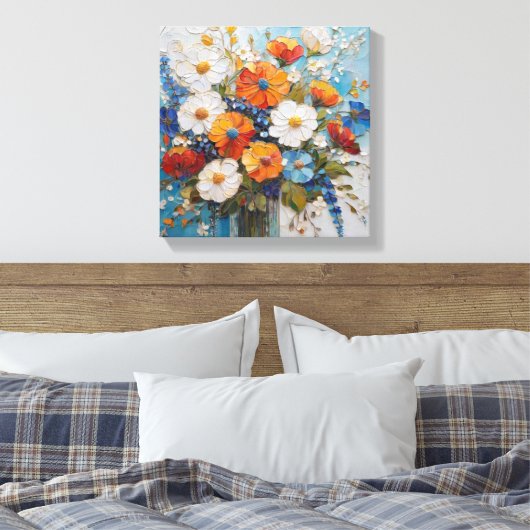 Levendig bloemboeket in kleurrijke vaas canvas afdruk (Insitu (Slaapkamer))
