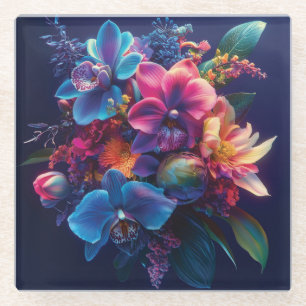 Levendig bloemboeket met neonbloemen glazen onderzetter