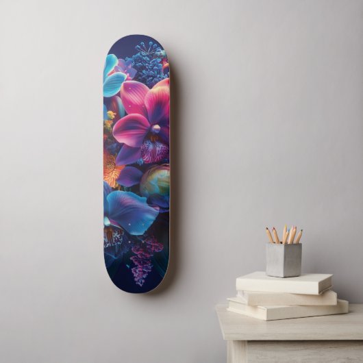 Levendig bloemboeket met neonbloemen persoonlijk skateboard (Muurkunst)