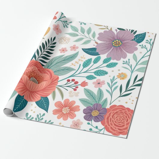 Levendig bloemenall-over printpatroon cadeaupapier (Uitgerold)