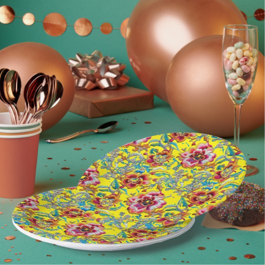 Levendig  bloemenborduurpatroon papieren bordje (Multi)