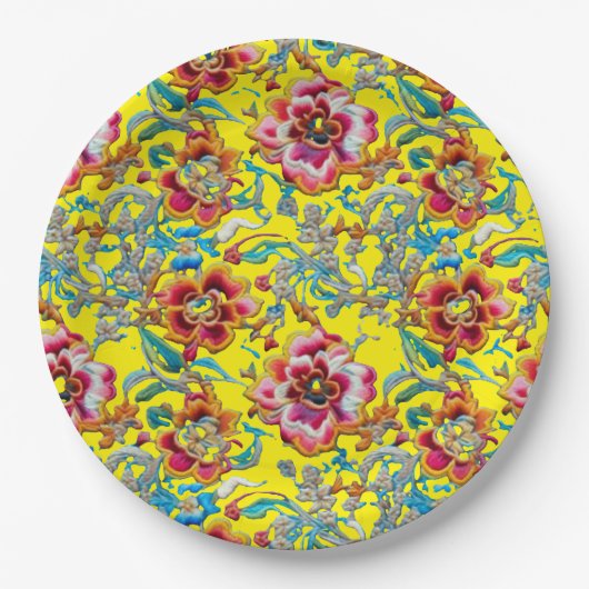 Levendig  bloemenborduurpatroon papieren bordje (Voorkant)